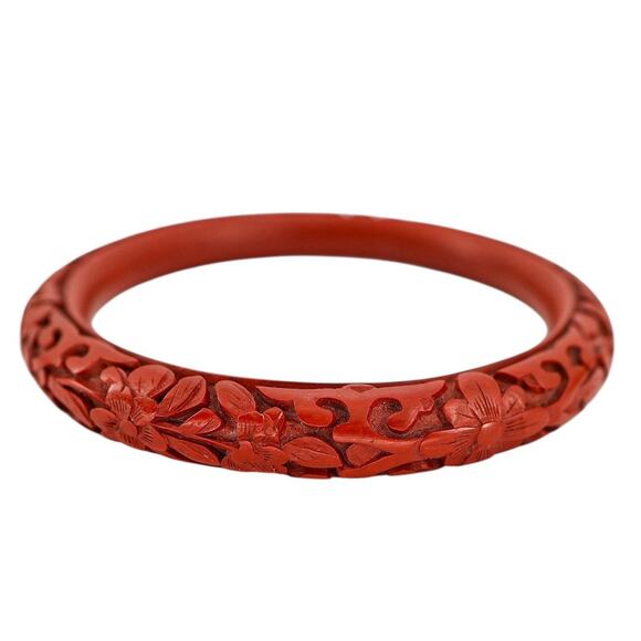Hand Carved Red Cinnabar Lacquer Bangle Bracelet Floral & Scroll Chinese Export - Picture 7 of 11